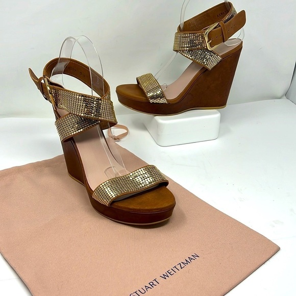 Stuart Weitzman Sz 9 W Roman Gold Mesh Criss Cross Platform Wedge Sandals - Picture 1 of 9
